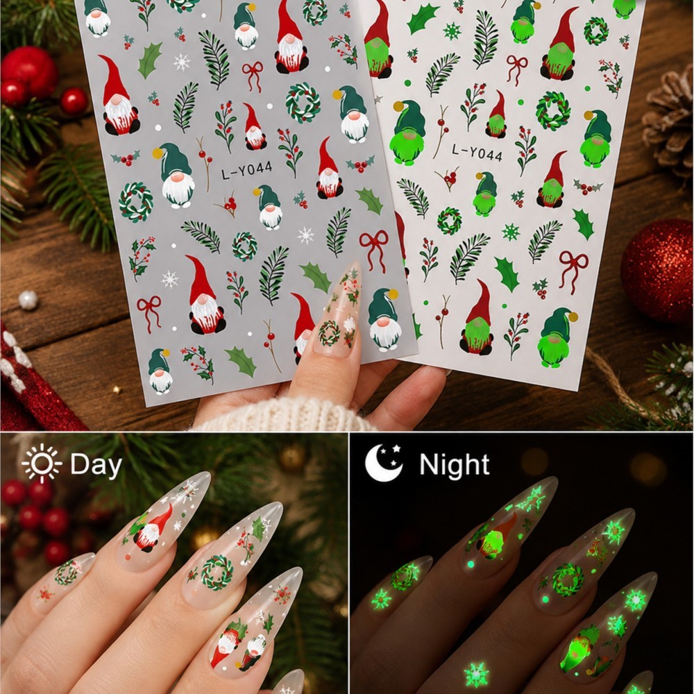Nail Art Xmas - 2Pcs Christmas Glow‑in‑the‑Dark Nail Decals Cute
